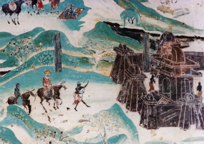 Detail der Wutai-Berg (Wutaishan) Karte, ein Wandgemälde aus der Zeit der Fünf Dynastien (907 - 960) in den Dunhuang-Grotten, typischen architektonischen Stil der westlichen Regionen darstellend (Detail) von Unknown